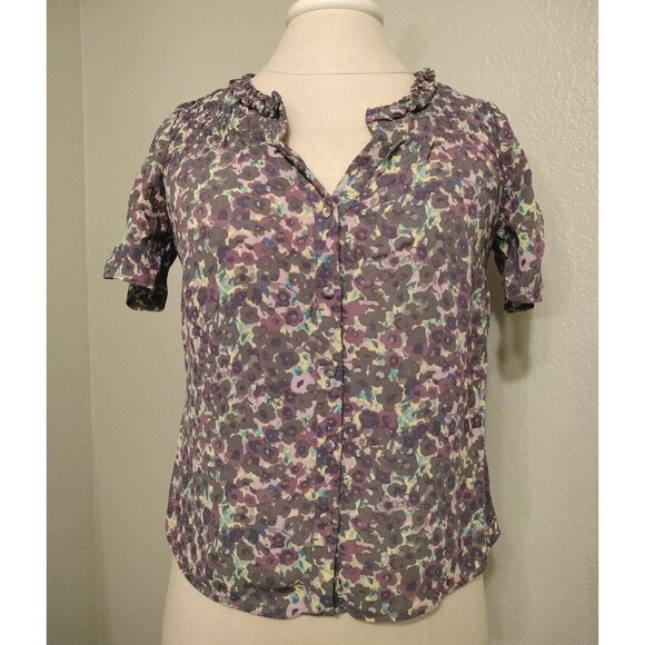Boden Size 4 Floral Print Blouse Button Front Short Sleeve Top  Purple - Picture 1 of 11